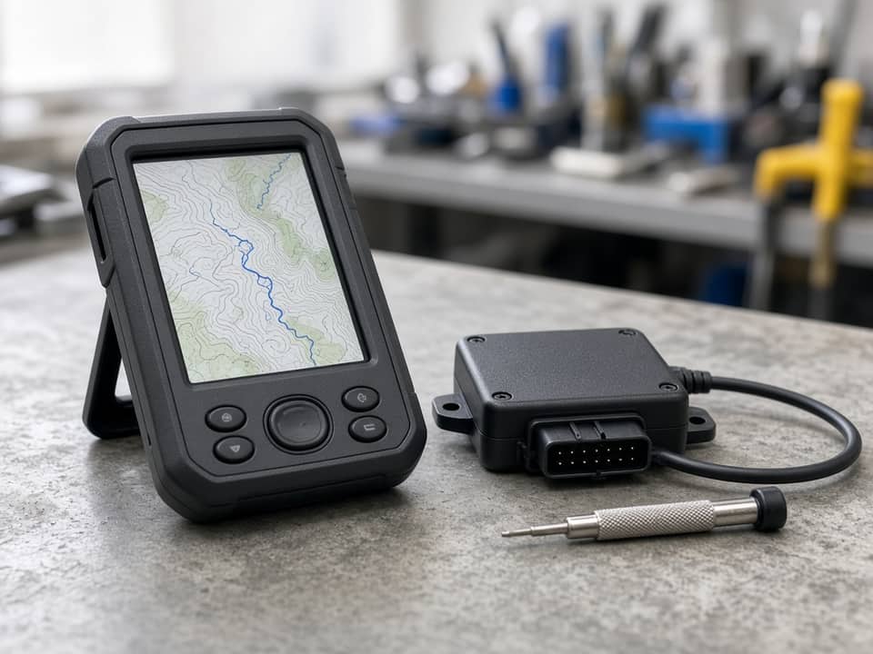 A GPS unit and tracker on the repair bench
