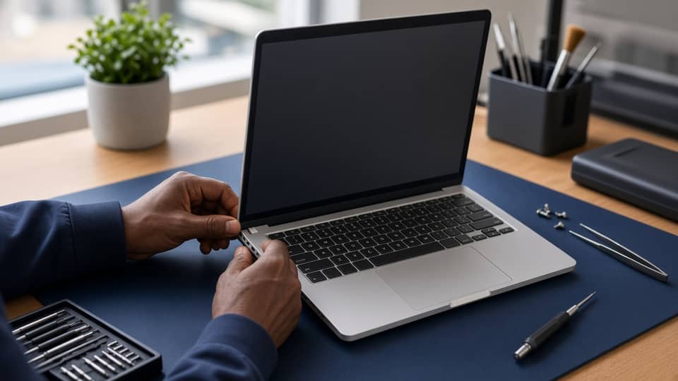 An open laptop on the repair bench