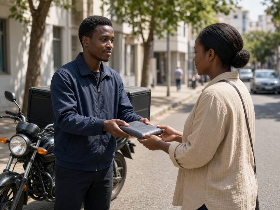 A rider handing a repaired device to a customer